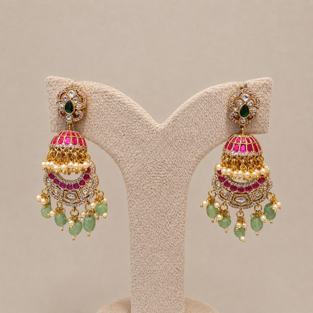Radiant Jadau Stone Jhumka with Green Beads