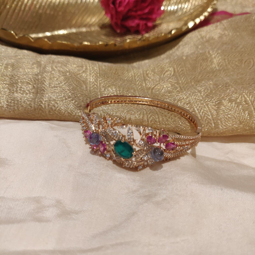 Opulent Floral Rosegold Ruby Green AD Stone Pearl Kada