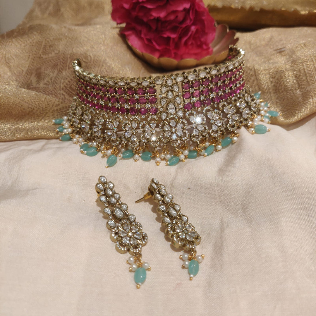 Opulent Floral Ruby Crystal AD Stone Choker