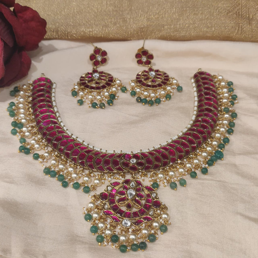 Timeless Jadau Ruby Stone Necklace with Green Beads