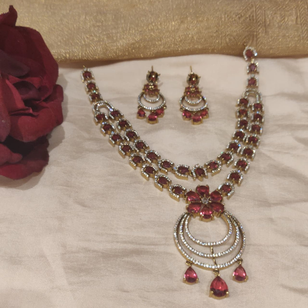 Enchanting Ruby AD Stone Floral 2 Layer Necklace