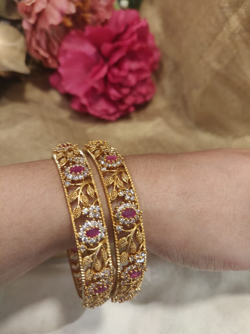 Premium Tree Design AD Styled Shining Gold Brass Bangles